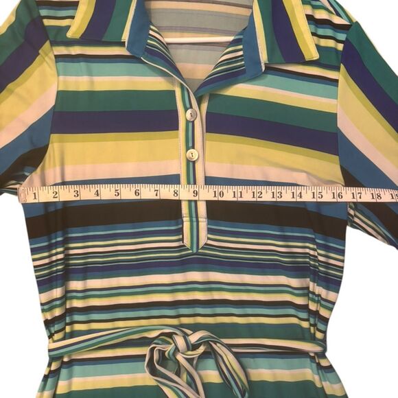 Shelby & Palmer Green/Blue/Lime/White Stripped Midi Dress w/ belt-size 14 - Picture 4 of 7